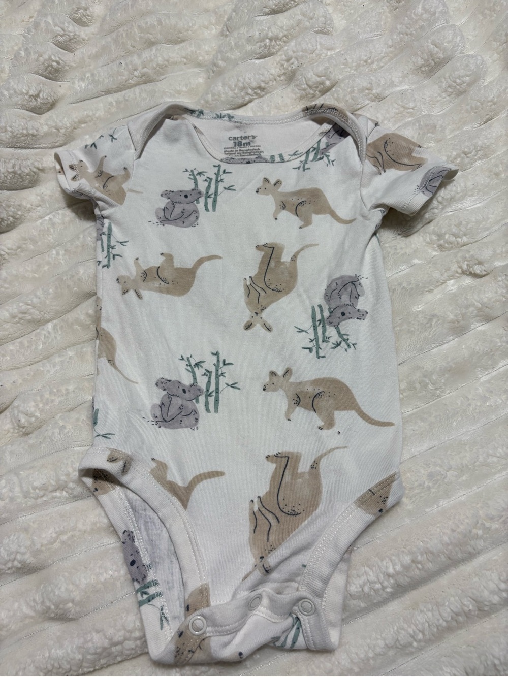 Carter's White One-Piece with Beige Kangaroo & Gray Koala Print